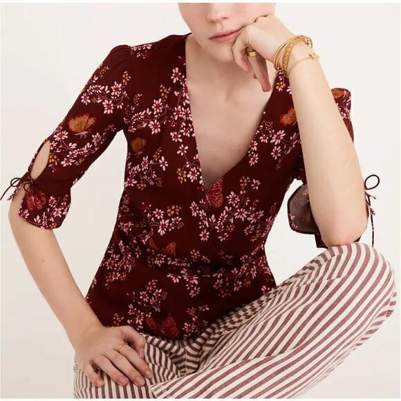 Madewell Tie-Sleeve Wrap Top in Maroon Floral Butterfly Sanctuary‎ Print, Size 2 - Picture 1 of 15